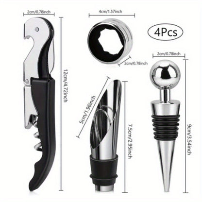 4-piece Red Wine Bottle Opener Set with Hippocampus Opener, Pourer, and Gift Box. Made of stainless steel.