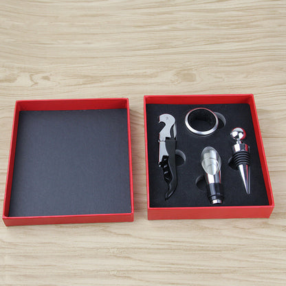 4-piece Red Wine Bottle Opener Set with Hippocampus Opener, Pourer, and Gift Box. Made of stainless steel.