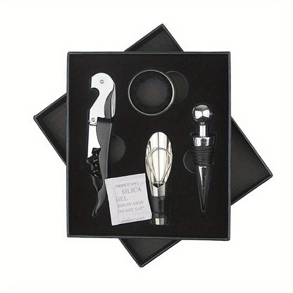 4-piece Red Wine Bottle Opener Set with Hippocampus Opener, Pourer, and Gift Box. Made of stainless steel.