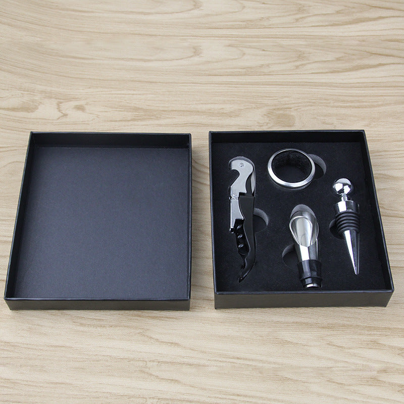 4-piece Red Wine Bottle Opener Set with Hippocampus Opener, Pourer, and Gift Box. Made of stainless steel.