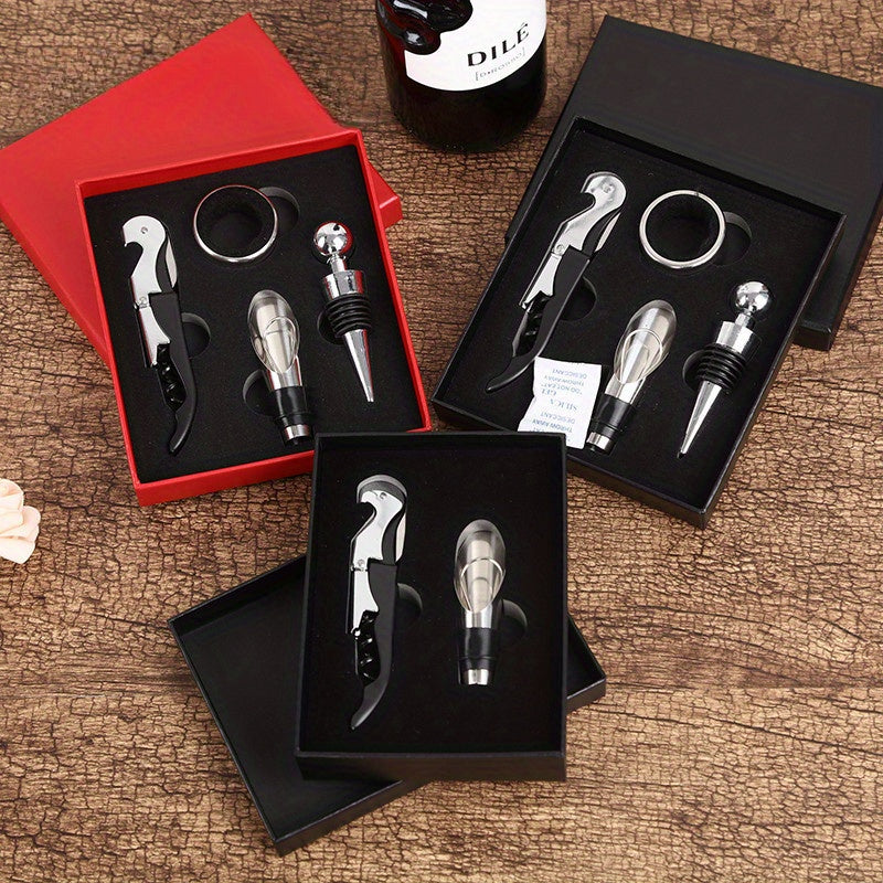 4-piece Red Wine Bottle Opener Set with Hippocampus Opener, Pourer, and Gift Box. Made of stainless steel.