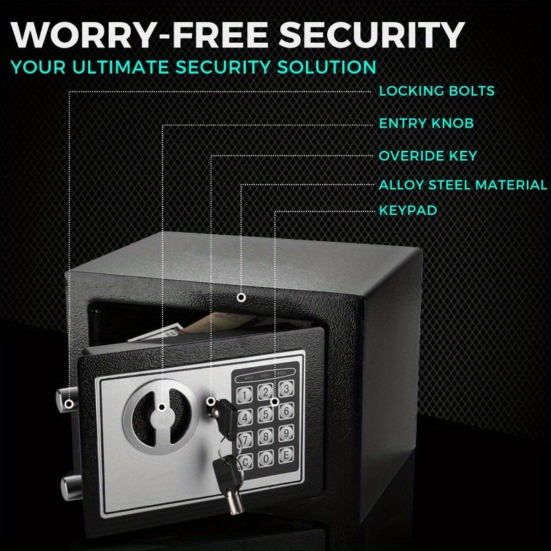 Compact digital safe with keyboard lock for easy access, perfect for storing valuables at home or in the office.