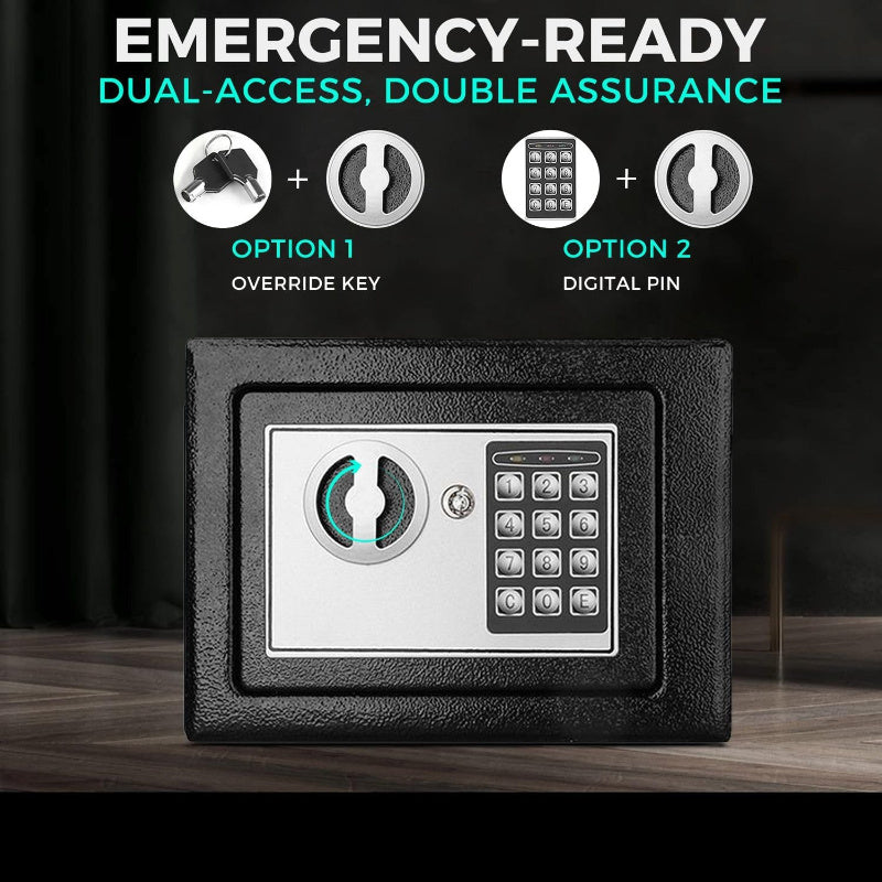 Compact digital safe with keyboard lock for easy access, perfect for storing valuables at home or in the office.