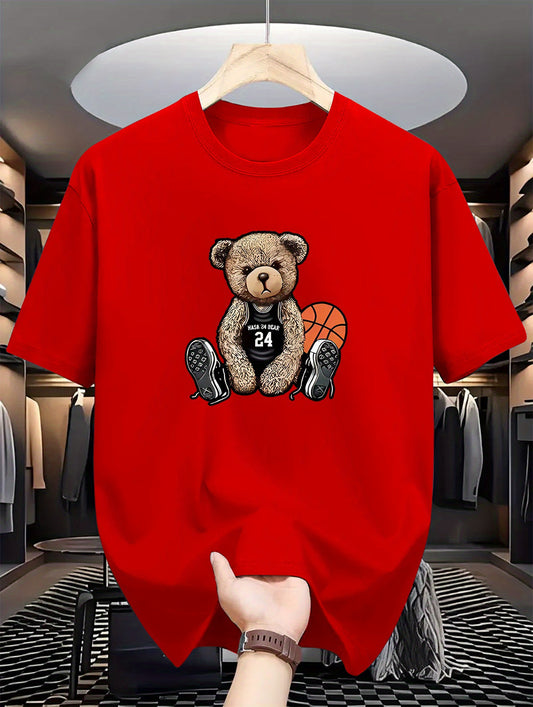 Men's Casual Bear Print T-Shirt: Crew Neck, Short Sleeve, Machine Washable