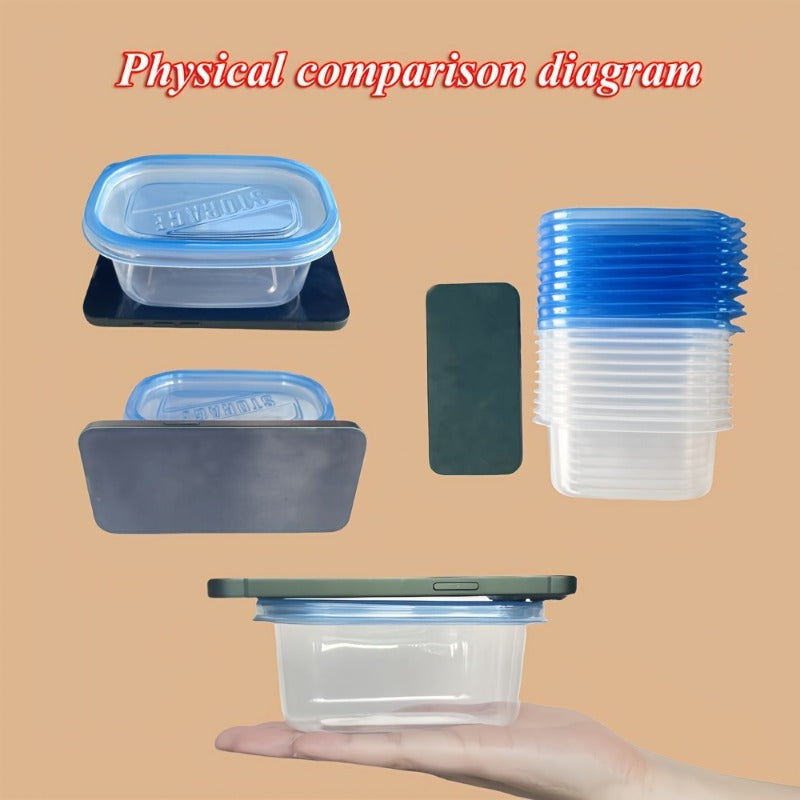 10pc set of reusable clear plastic storage containers with blue lids, perfect for storing fresh produce and snacks in the kitchen, office, school, picnics, and beach.