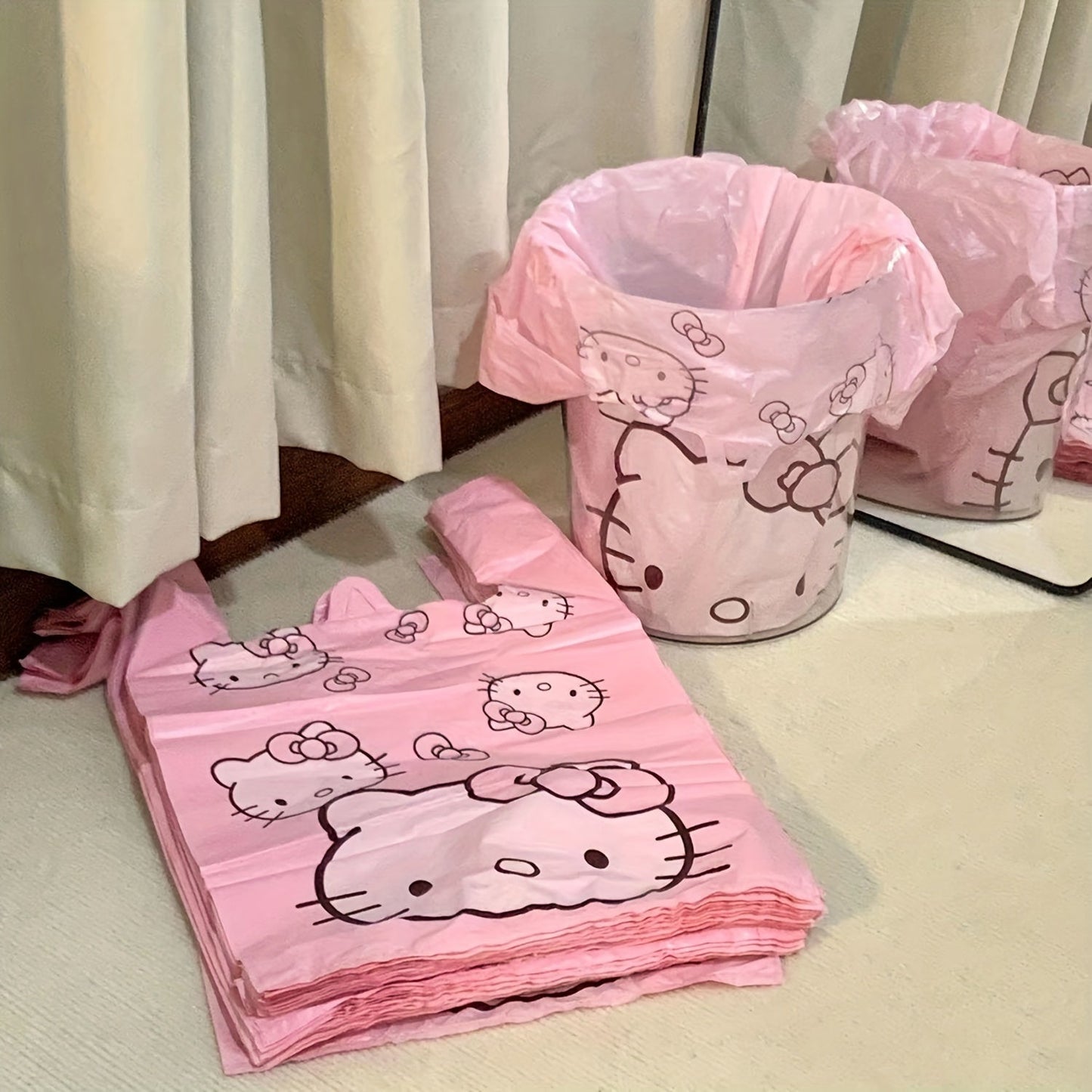 Get 50 adorable and versatile disposable garbage bags in one pack, made of PET material. Perfect for use in the living room, bedroom, bathroom, and kitchen. Featuring a cute cartoon pink design, these bags can also be used as gifts or as a buggy bag.