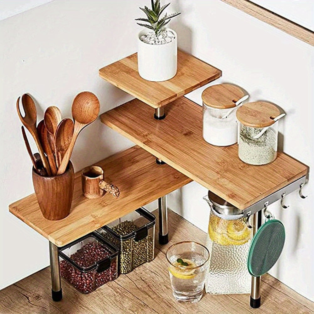 Versatile rack with hooks for kitchen and bathroom, featuring shelves for storage and organization in the home.