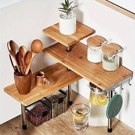 Versatile rack with hooks for kitchen and bathroom, featuring shelves for storage and organization in the home.