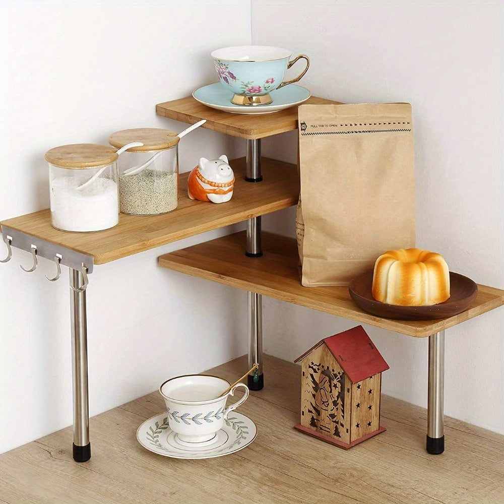 Versatile rack with hooks for kitchen and bathroom, featuring shelves for storage and organization in the home.