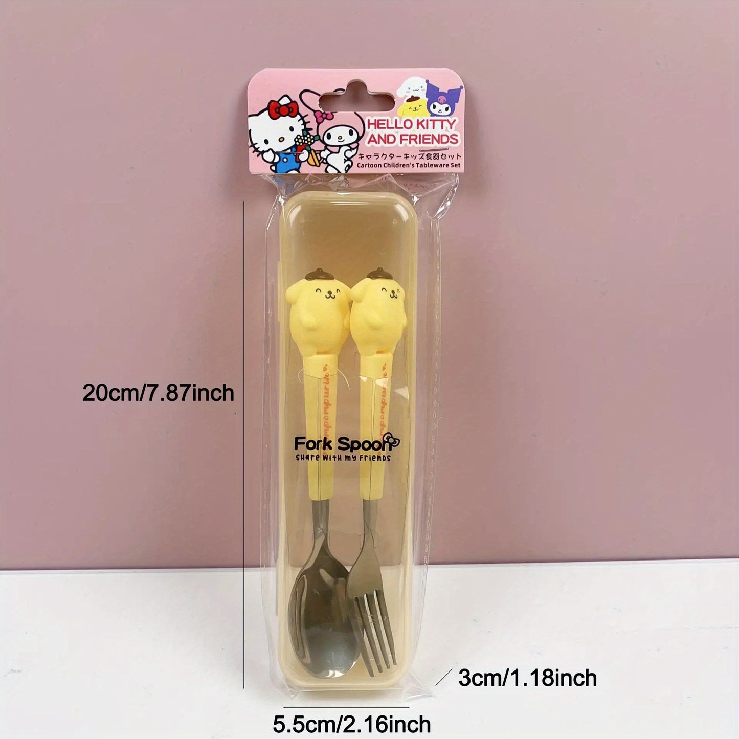 2-piece Sanrio stainless steel portable tableware set with cute cartoon soup spoon and fork for outdoor travel.