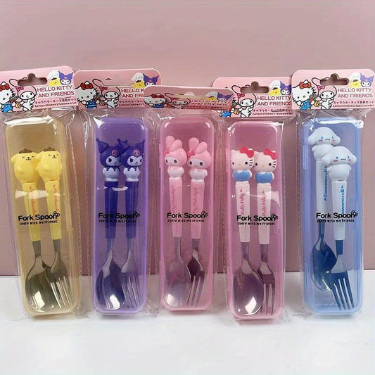 2-piece Sanrio stainless steel portable tableware set with cute cartoon soup spoon and fork for outdoor travel.