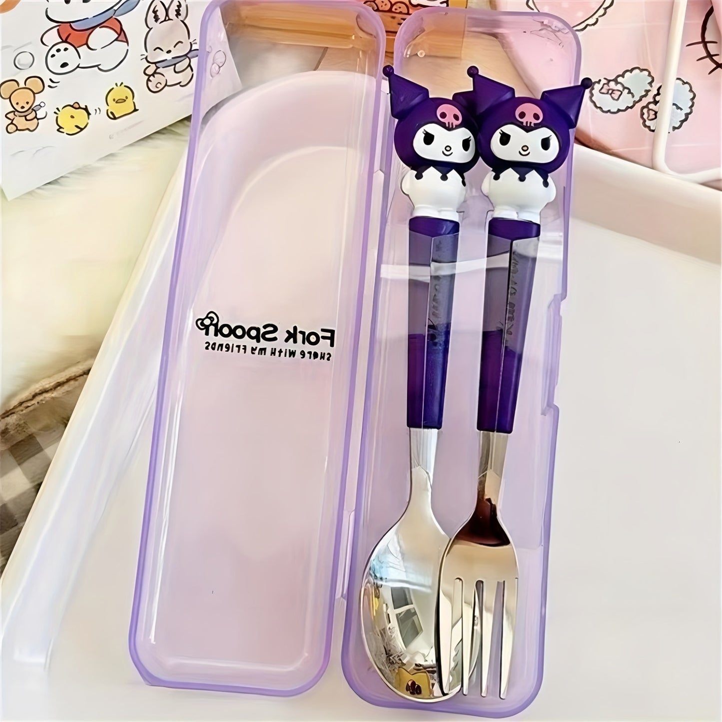 2-piece Sanrio stainless steel portable tableware set with cute cartoon soup spoon and fork for outdoor travel.