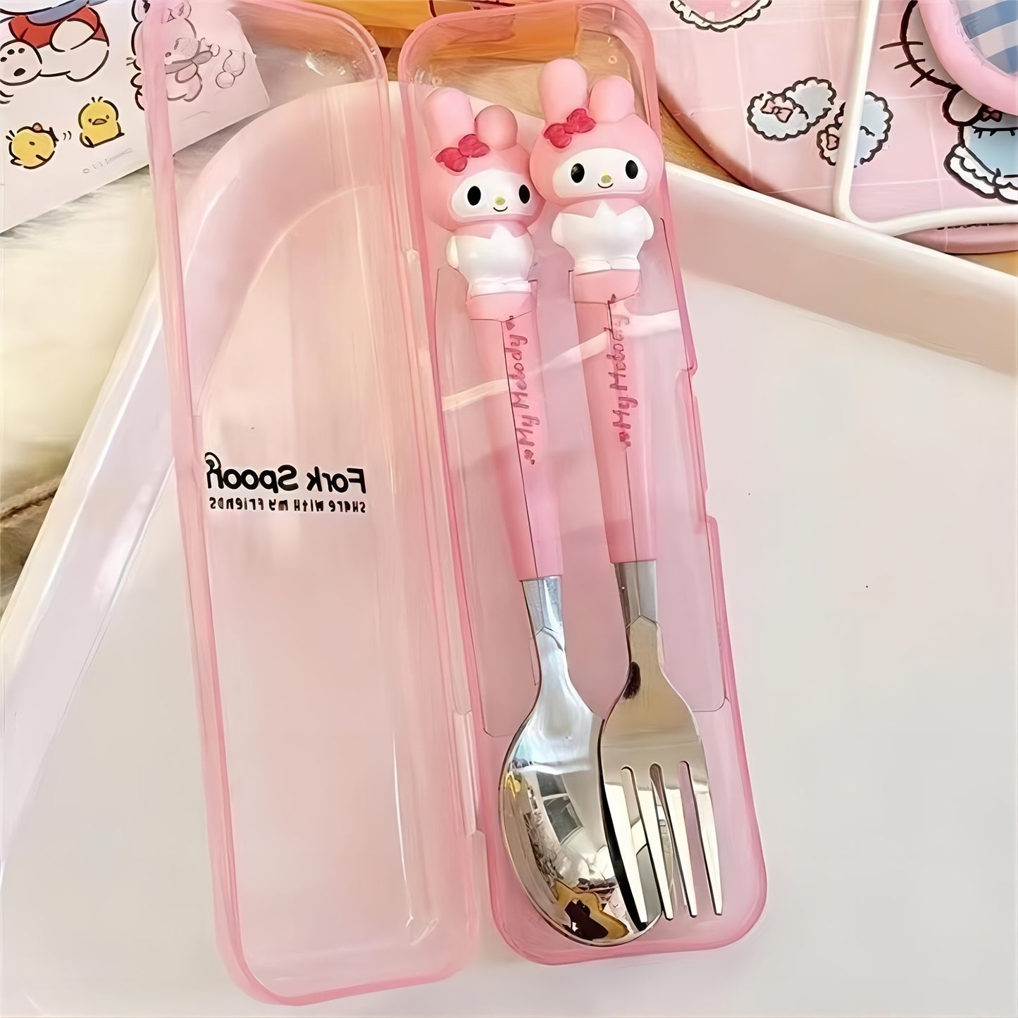 2-piece Sanrio stainless steel portable tableware set with cute cartoon soup spoon and fork for outdoor travel.