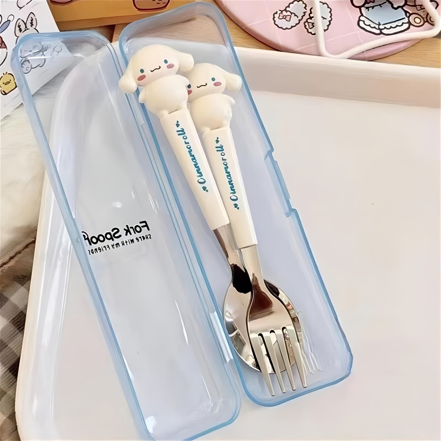 2-piece Sanrio stainless steel portable tableware set with cute cartoon soup spoon and fork for outdoor travel.