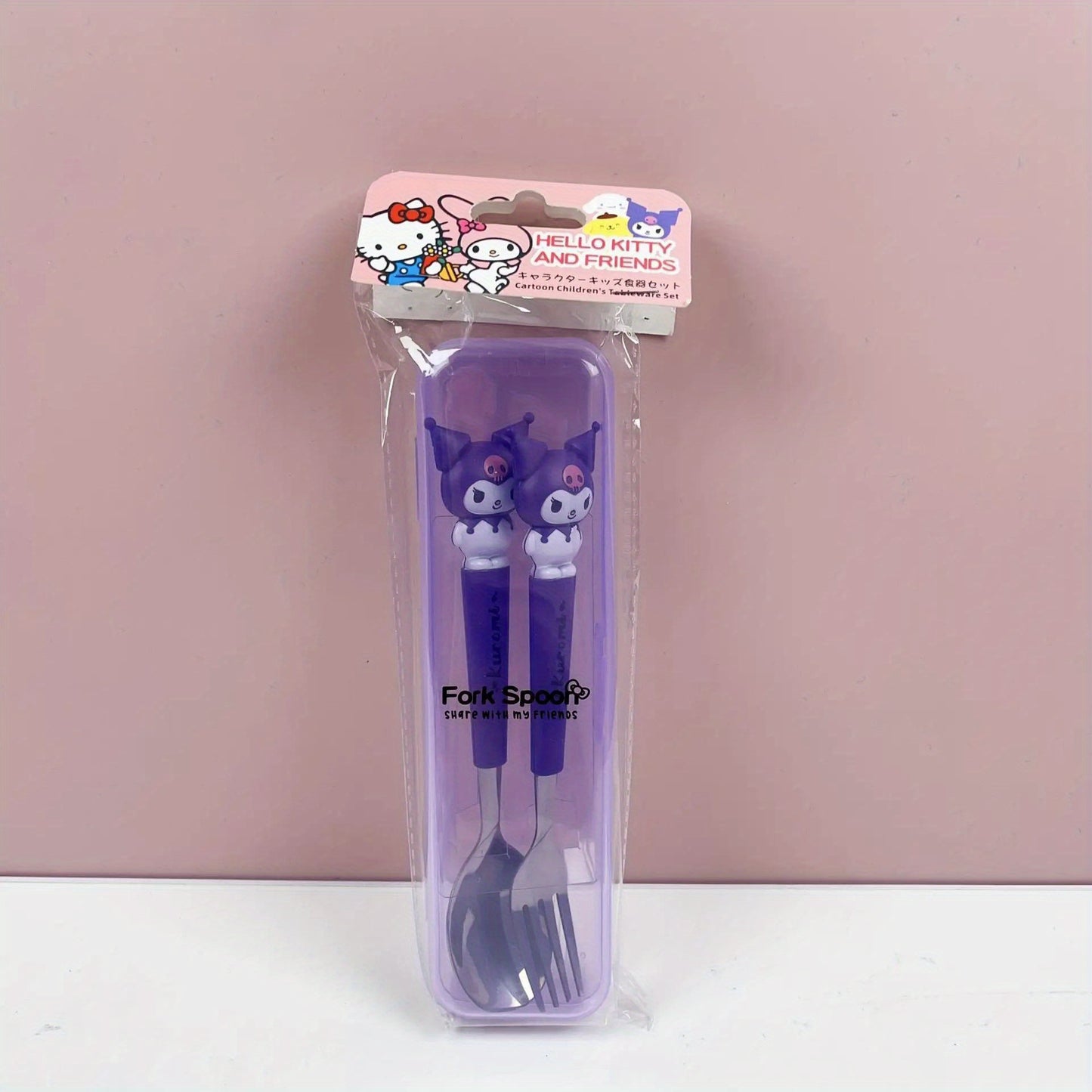 2-piece Sanrio stainless steel portable tableware set with cute cartoon soup spoon and fork for outdoor travel.