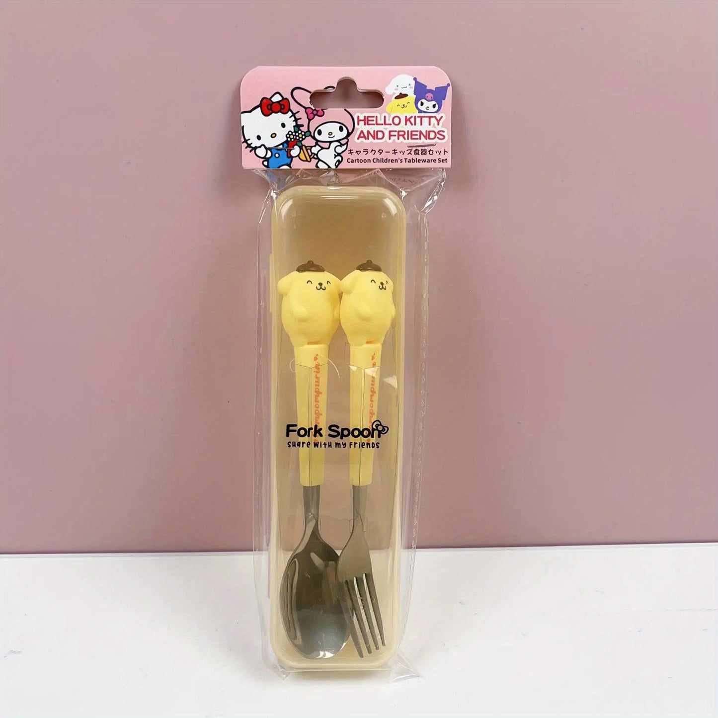 2-piece Sanrio stainless steel portable tableware set with cute cartoon soup spoon and fork for outdoor travel.