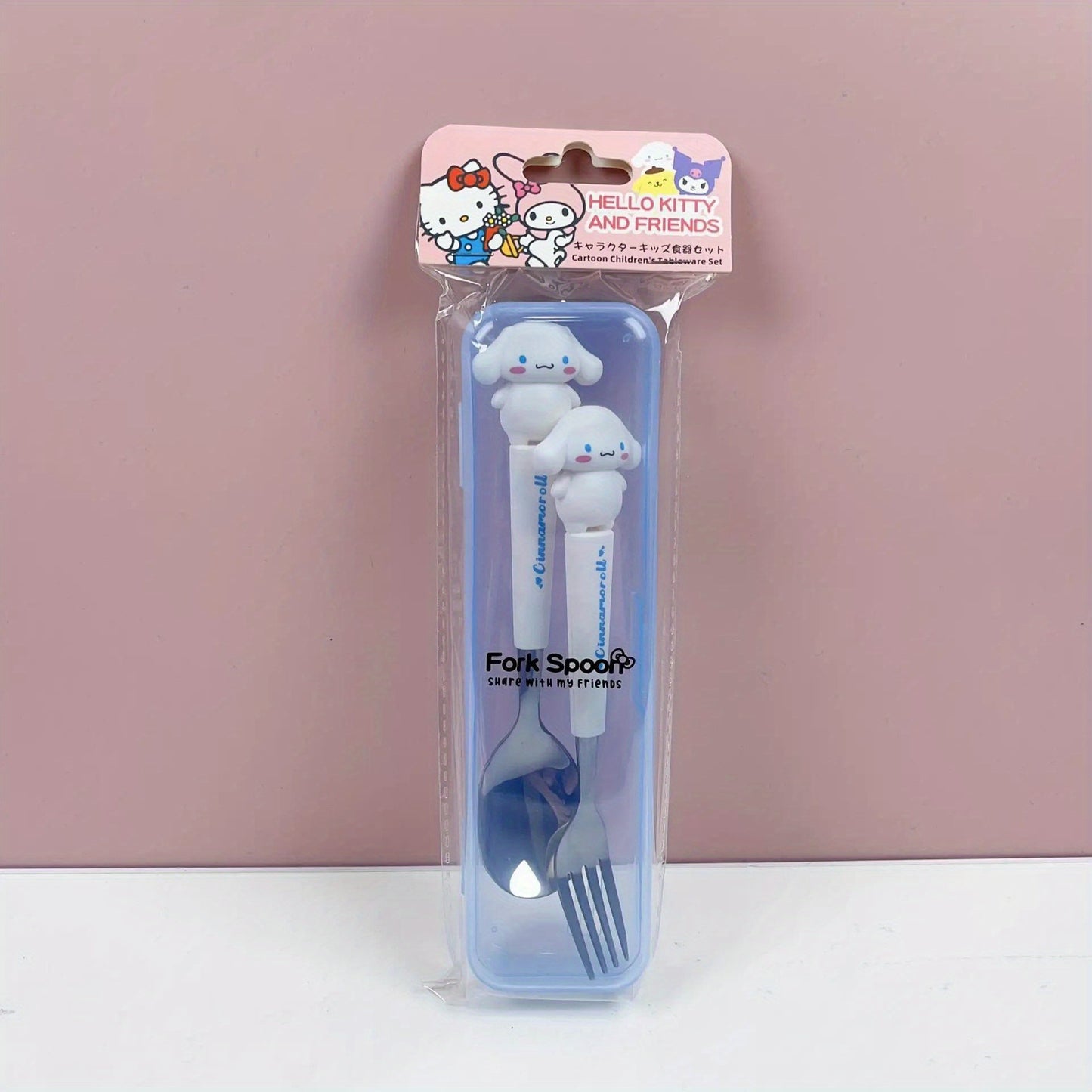 2-piece Sanrio stainless steel portable tableware set with cute cartoon soup spoon and fork for outdoor travel.