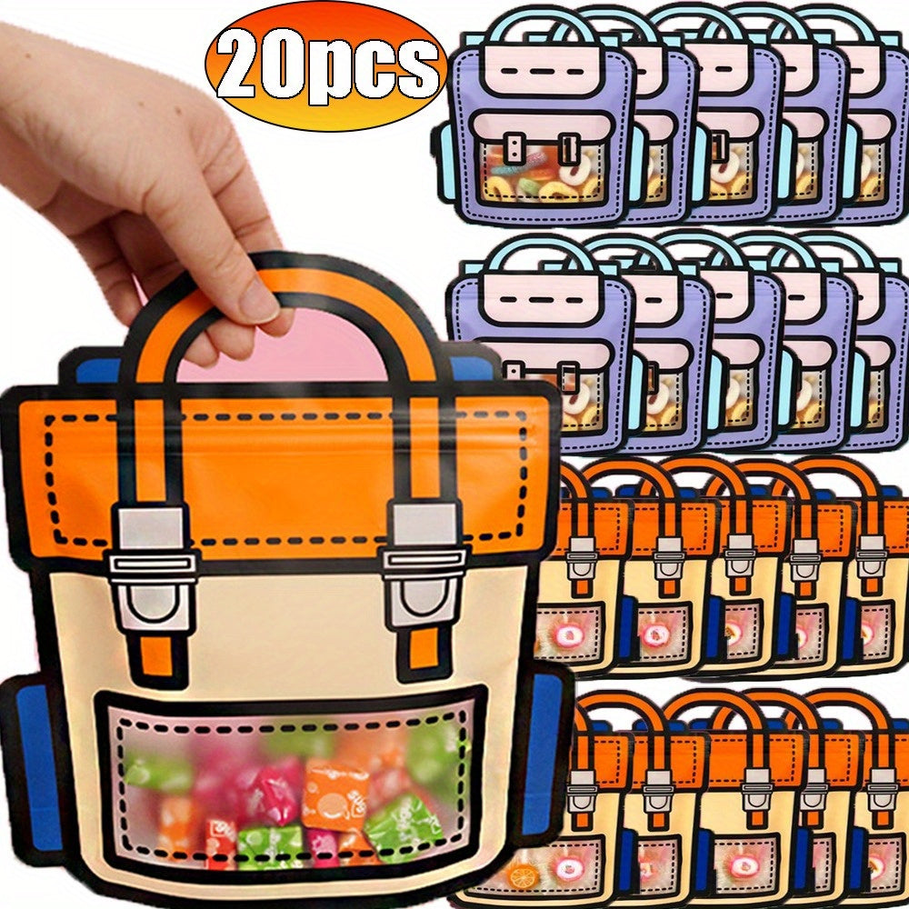 20 schoolbag-shaped plastic seal bags, perfect for reusable cookie and candy packaging. Great for party favor handbag gift bags for birthday treats.