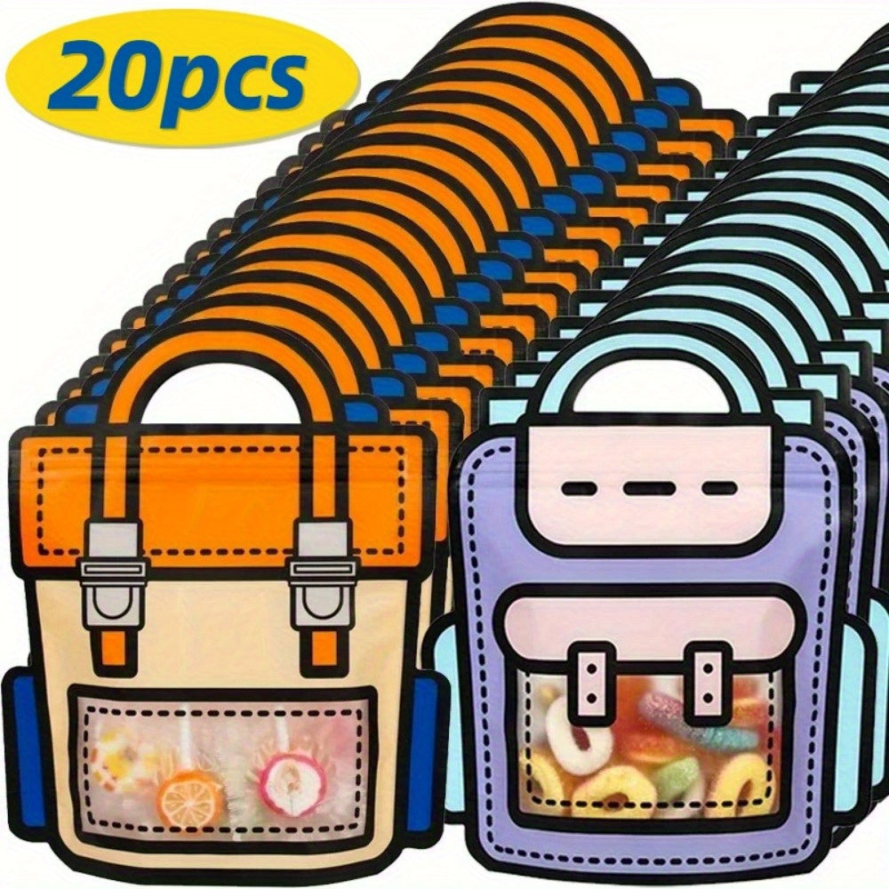 20 schoolbag-shaped plastic seal bags, perfect for reusable cookie and candy packaging. Great for party favor handbag gift bags for birthday treats.