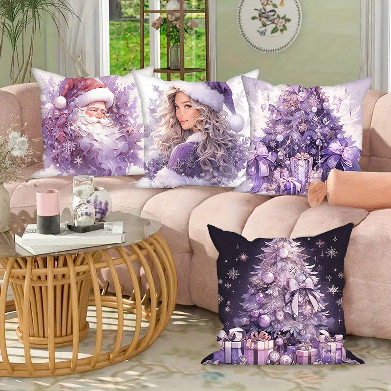 Set of 4 Christmas pillow covers in purple with festive snowman and Christmas tree designs. Each cover measures 45.72x45.72 cm and is made of machine washable polyester velvet. Perfect for adding holiday cheer to your sofa or bedroom decor.