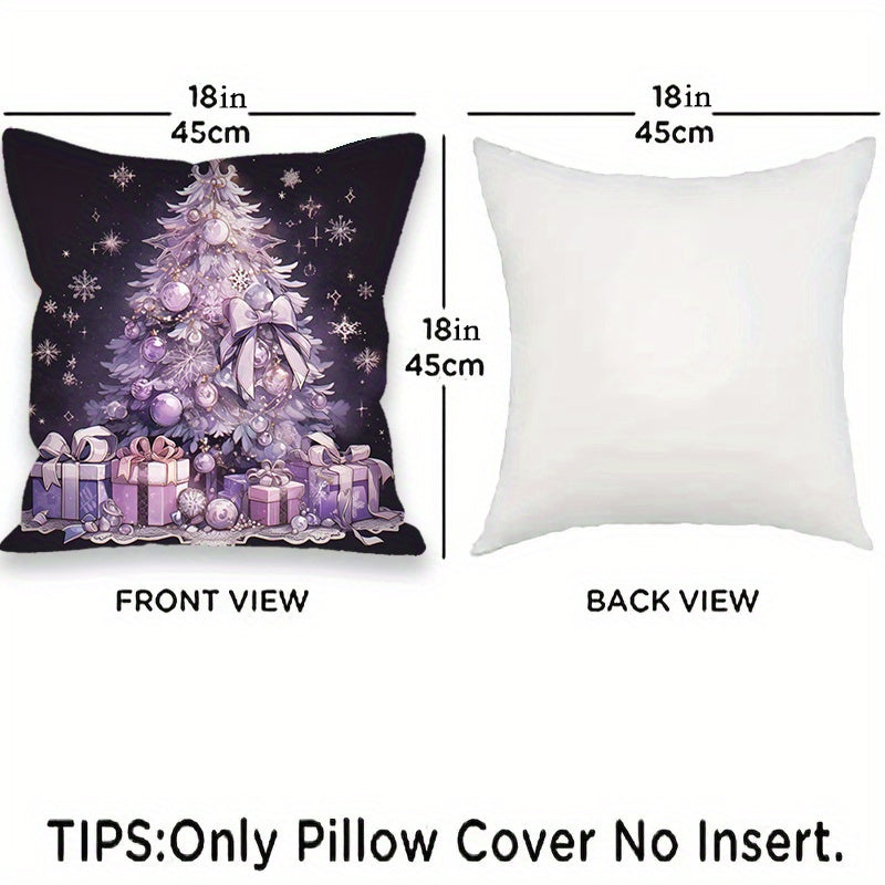 Set of 4 Christmas pillow covers in purple with festive snowman and Christmas tree designs. Each cover measures 45.72x45.72 cm and is made of machine washable polyester velvet. Perfect for adding holiday cheer to your sofa or bedroom decor.