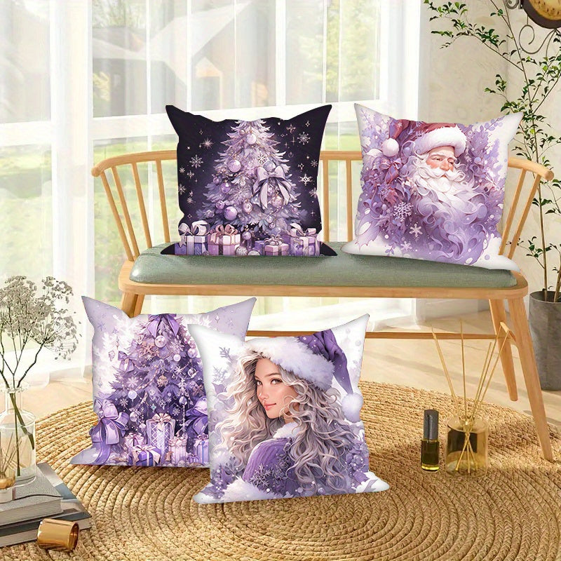 Set of 4 Christmas pillow covers in purple with festive snowman and Christmas tree designs. Each cover measures 45.72x45.72 cm and is made of machine washable polyester velvet. Perfect for adding holiday cheer to your sofa or bedroom decor.