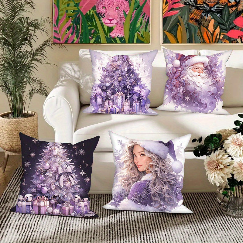 Set of 4 Christmas pillow covers in purple with festive snowman and Christmas tree designs. Each cover measures 45.72x45.72 cm and is made of machine washable polyester velvet. Perfect for adding holiday cheer to your sofa or bedroom decor.