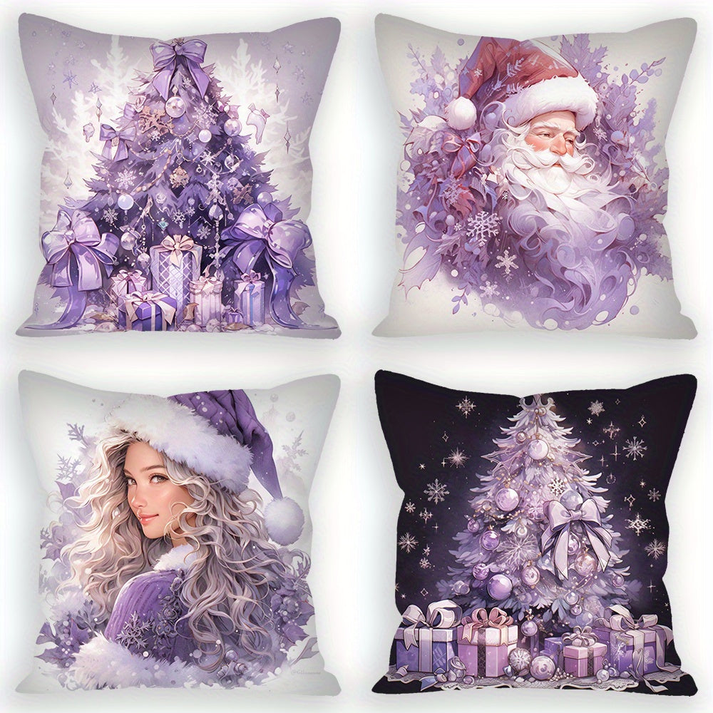 Set of 4 Christmas pillow covers in purple with festive snowman and Christmas tree designs. Each cover measures 45.72x45.72 cm and is made of machine washable polyester velvet. Perfect for adding holiday cheer to your sofa or bedroom decor.