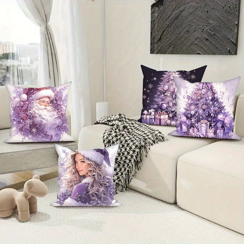 Set of 4 Christmas pillow covers in purple with festive snowman and Christmas tree designs. Each cover measures 45.72x45.72 cm and is made of machine washable polyester velvet. Perfect for adding holiday cheer to your sofa or bedroom decor.