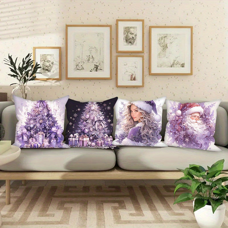 Set of 4 Christmas pillow covers in purple with festive snowman and Christmas tree designs. Each cover measures 45.72x45.72 cm and is made of machine washable polyester velvet. Perfect for adding holiday cheer to your sofa or bedroom decor.