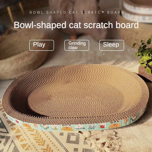 Durable cardboard cat scratcher board shaped like a bowl, ideal for play, claw grinding, and sleeping. Features colorful border, perfect for cats and cat wall scratching.