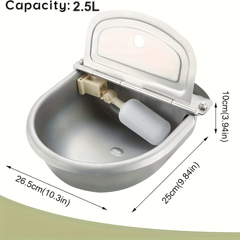 Large capacity stainless steel automatic pet waterer bowl with float valve and drainage, suitable for horses, cows, sheep, and dogs. Durable and does not require batteries.