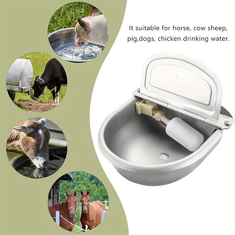 Large capacity stainless steel automatic pet waterer bowl with float valve and drainage, suitable for horses, cows, sheep, and dogs. Durable and does not require batteries.