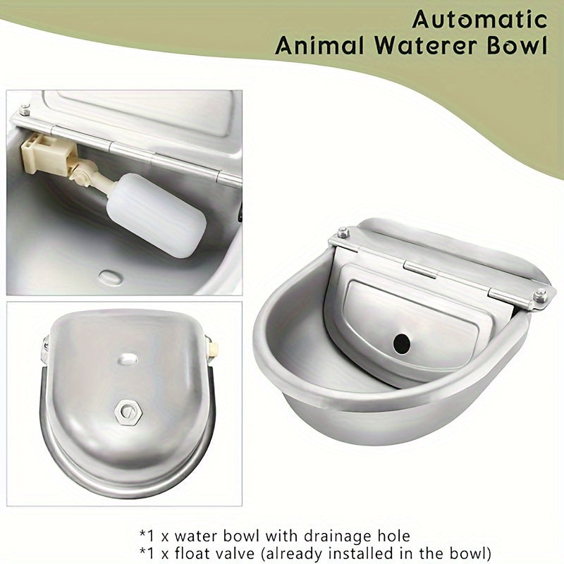 Large capacity stainless steel automatic pet waterer bowl with float valve and drainage, suitable for horses, cows, sheep, and dogs. Durable and does not require batteries.