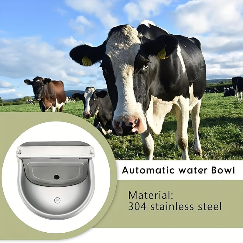 Large capacity stainless steel automatic pet waterer bowl with float valve and drainage, suitable for horses, cows, sheep, and dogs. Durable and does not require batteries.