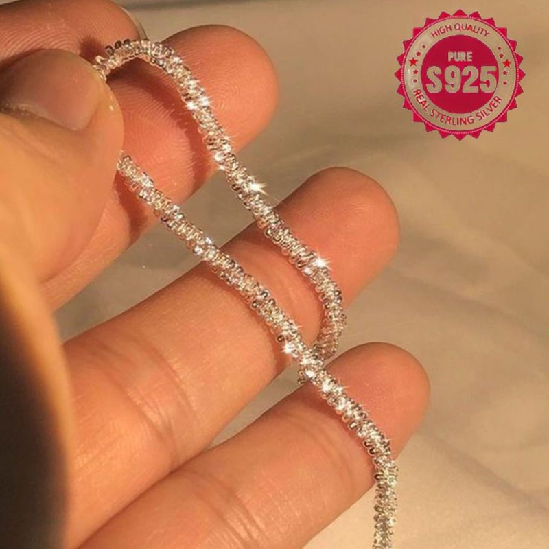 Beautiful Sparkling Ice Chain Necklace made of 925 Sterling Silver, featuring Gypsophila design. Adjustable length from 18" to 30", perfect for both women and men. This Clavicle Chain is stackable and ideal for Wedding Engagement. With a thickness of