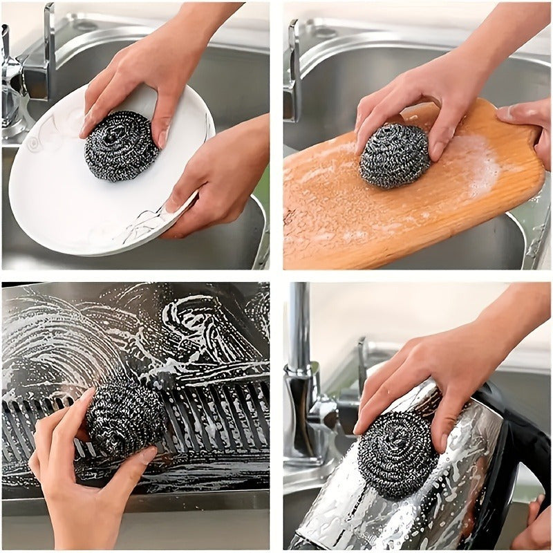 6 reusable stainless steel scrubbers for cleaning dishes, pots, and more in home and restaurant kitchens.