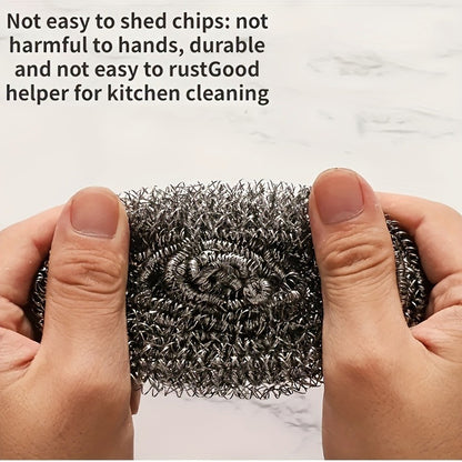 6 reusable stainless steel scrubbers for cleaning dishes, pots, and more in home and restaurant kitchens.