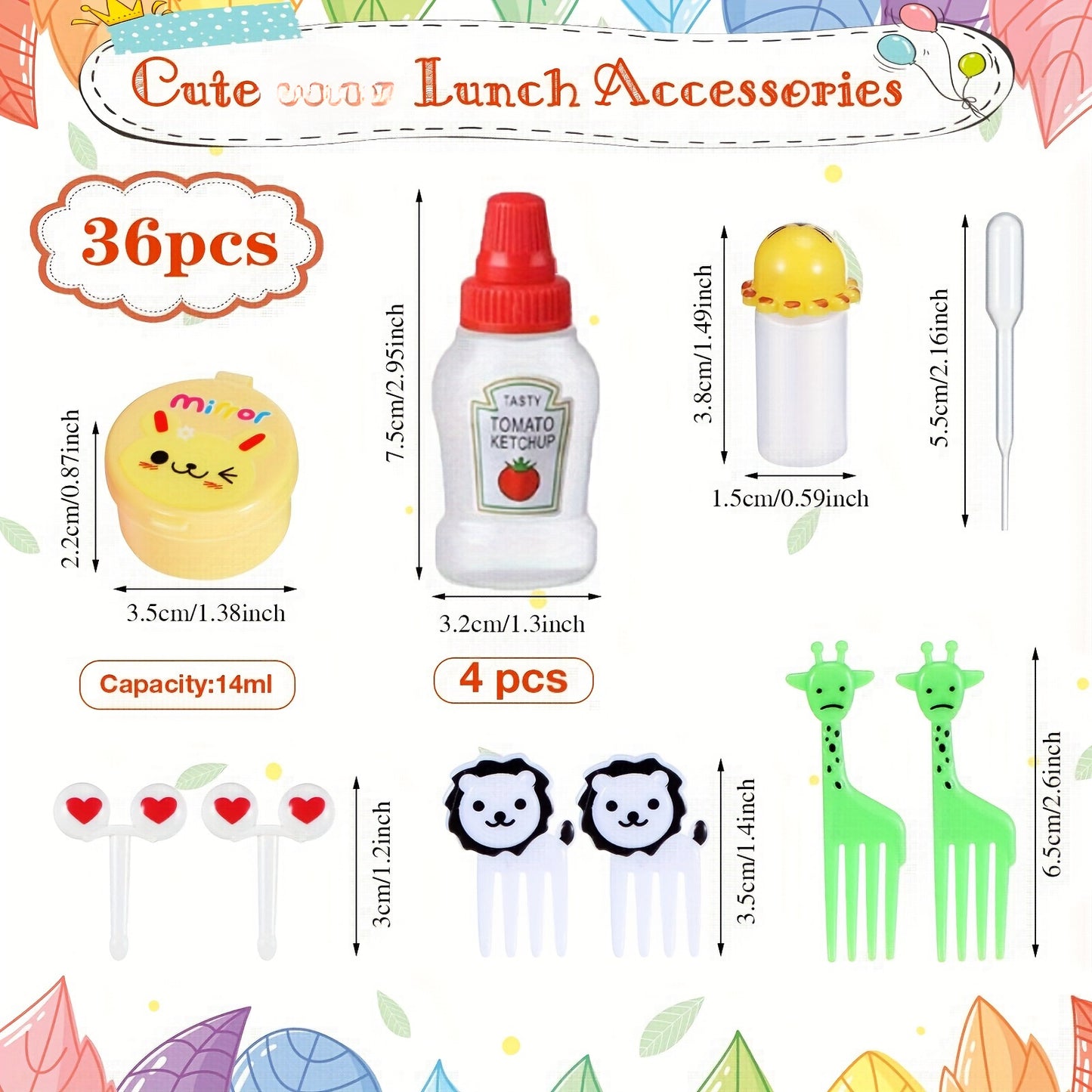 38 piece set of cartoon animal and fruit utensils, condiment squeeze bottles, and bento box decorations made of PP plastic. Fun dining accessories and kitchen supplies for both home and restaurant use.