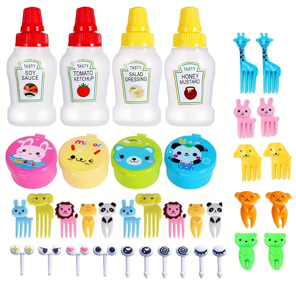 38 piece set of cartoon animal and fruit utensils, condiment squeeze bottles, and bento box decorations made of PP plastic. Fun dining accessories and kitchen supplies for both home and restaurant use.