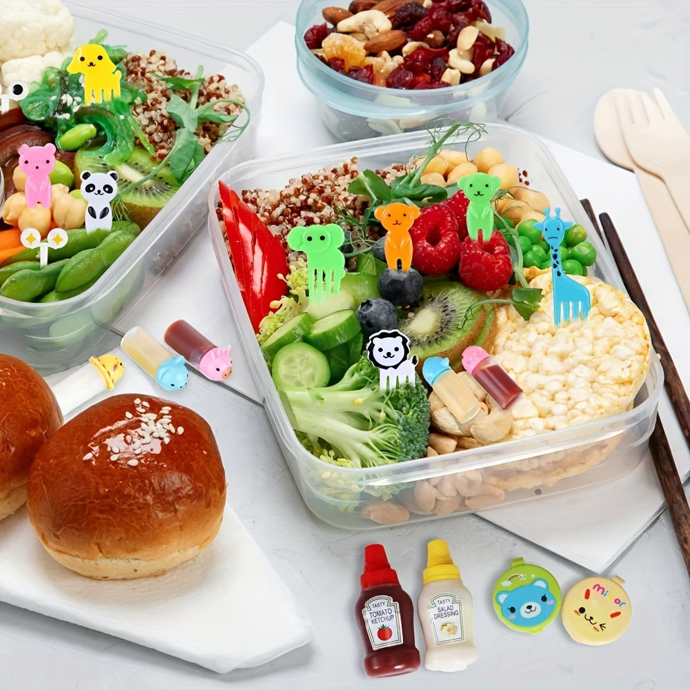 38 piece set of cartoon animal and fruit utensils, condiment squeeze bottles, and bento box decorations made of PP plastic. Fun dining accessories and kitchen supplies for both home and restaurant use.