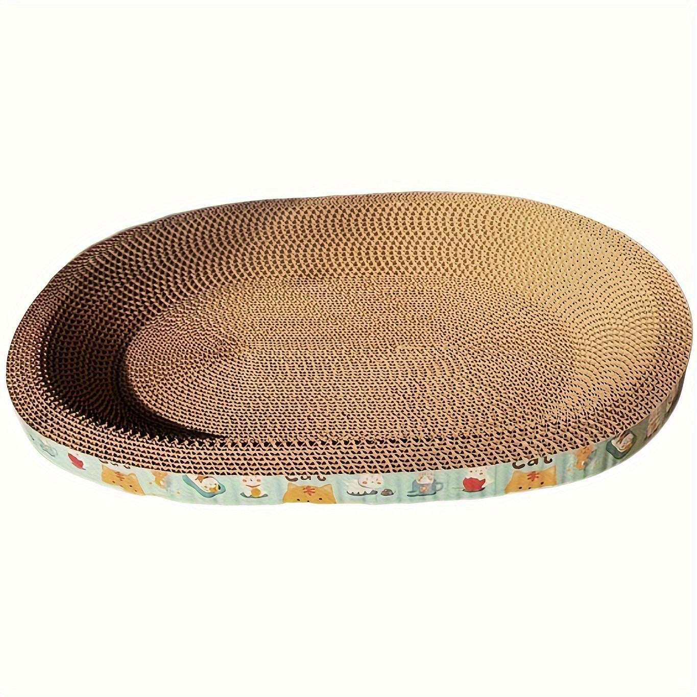 Durable cardboard cat scratcher board shaped like a bowl, ideal for play, claw grinding, and sleeping. Features colorful border, perfect for cats and cat wall scratching.