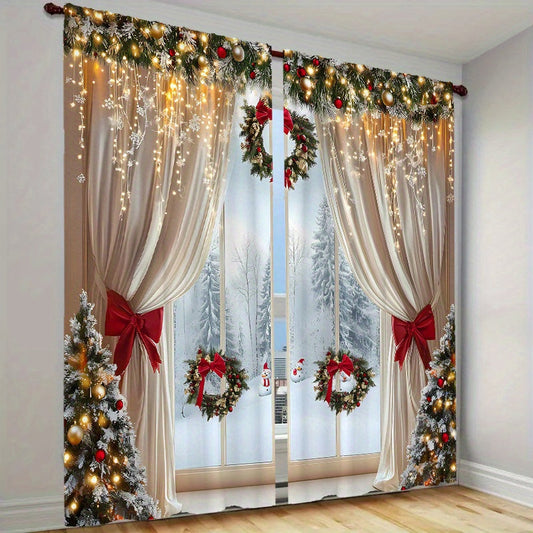 Two pieces of luxurious European style Christmas curtains with a design featuring golden embellishments. These curtains are translucent, have an easy to hang pole opening, and are suitable for decorating living rooms, bedrooms, and offices during the