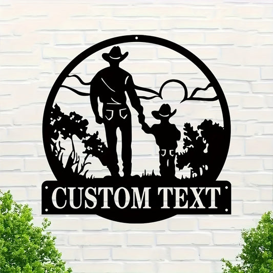 Customizable Cowboy and Child Silhouette Iron Door Hanger - Rustic Metal Wall Decor for Home and Garden, Add Your Own Text, Suitable for Ages 14 and Up, Perfect Farmhouse Gift, 29.97cm