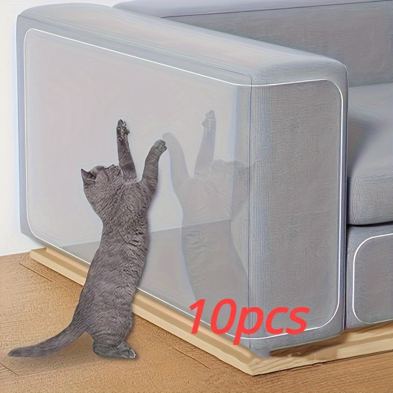 10 pieces of transparent, double-sided furniture protector tape for sofas and couches to prevent scratching by cats. Made of durable PVC material.