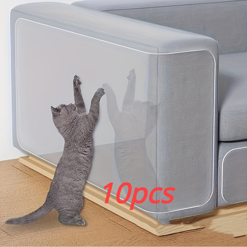 10 pieces of transparent, double-sided furniture protector tape for sofas and couches to prevent scratching by cats. Made of durable PVC material.