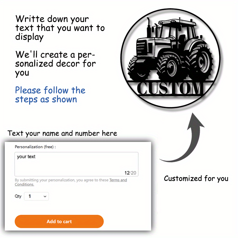 Black Iron Tractor Sign with Customizable Design - Personalized Farm Wall Art for Home & Kitchen Decor - Perfect Gift for Farmers, Grandpas, and Dads