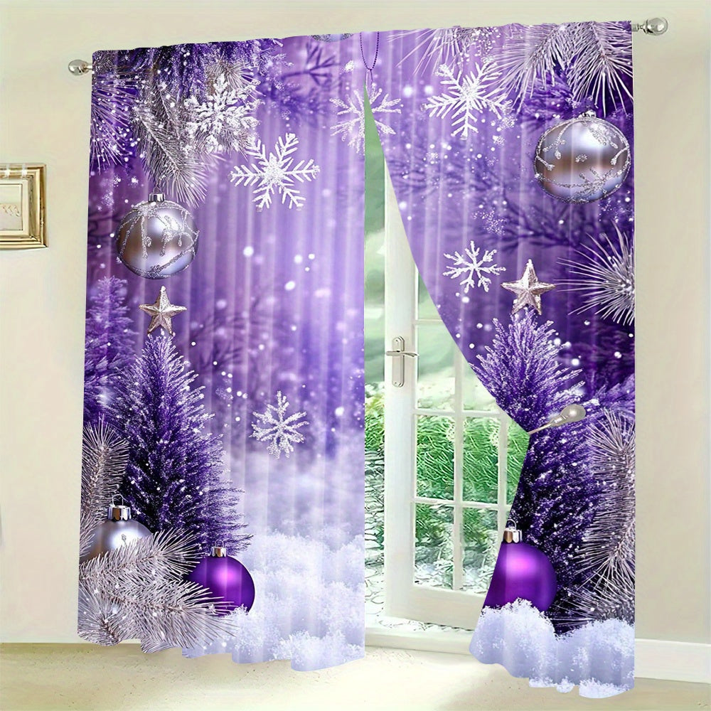 Enhance your living space with this 2-piece set of vibrant purple and silvery Christmas ball digital print curtains. Perfect for the living room, bedroom, or study, these curtains feature a rod pocket design for easy hanging. Add a touch of holiday cheer