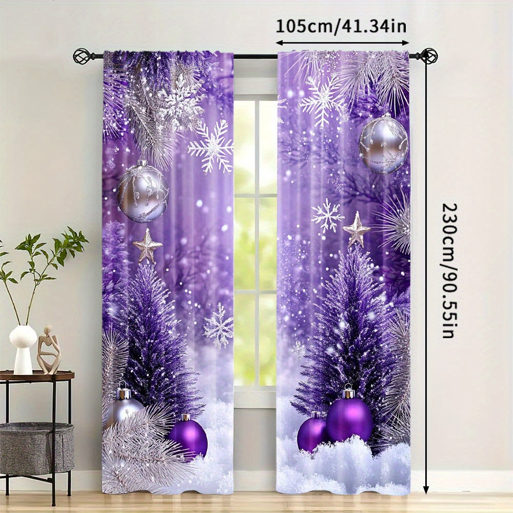 Enhance your living space with this 2-piece set of vibrant purple and silvery Christmas ball digital print curtains. Perfect for the living room, bedroom, or study, these curtains feature a rod pocket design for easy hanging. Add a touch of holiday cheer