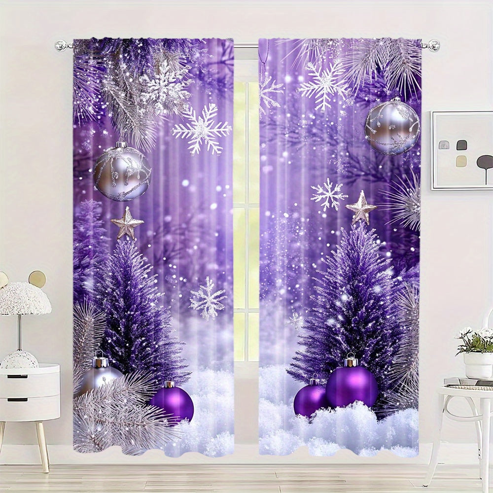 Enhance your living space with this 2-piece set of vibrant purple and silvery Christmas ball digital print curtains. Perfect for the living room, bedroom, or study, these curtains feature a rod pocket design for easy hanging. Add a touch of holiday cheer